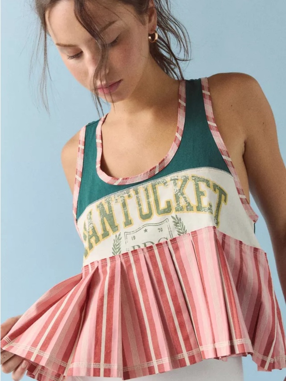 Nantucket Graphic Pleated Mixed Media Tank Top - Urban Outfitters